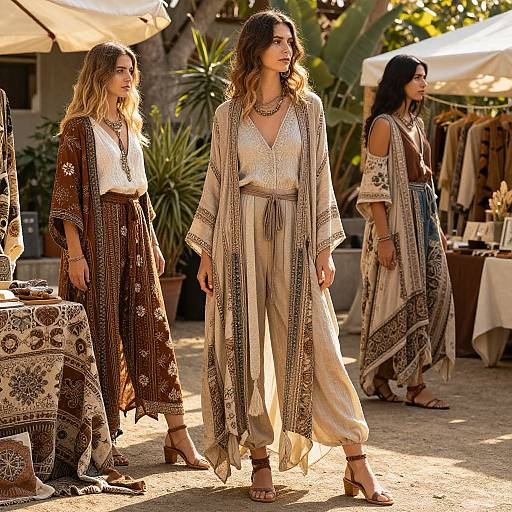 Photograph of three women in bohemian-style, patterned robes and loose pants, standing in a sunlit outdoor market with potted plants.