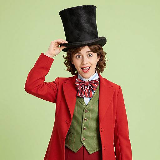 Photograph of a young man with curly brown hair, wearing a black top hat, red coat, green vest, and red striped bow tie, smiling