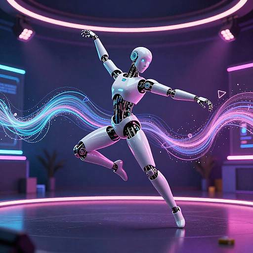 CGI image of a white, humanoid robot dancing on a neon-lit stage, with vibrant blue and purple light trails flowing from its outstretched
