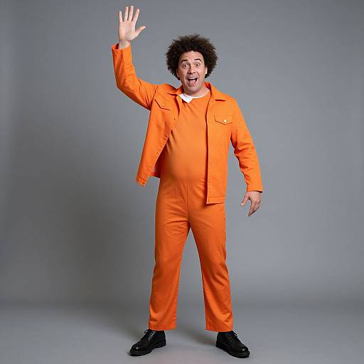 Photograph of a cheerful, overweight man with curly black hair, wearing an orange prison jumpsuit, raising his right hand, standing against a gray background