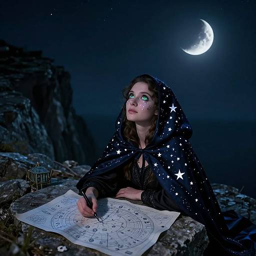 Photograph of a young woman with green eyes, wearing a starry black cloak, writing on a celestial map under a bright crescent moon.