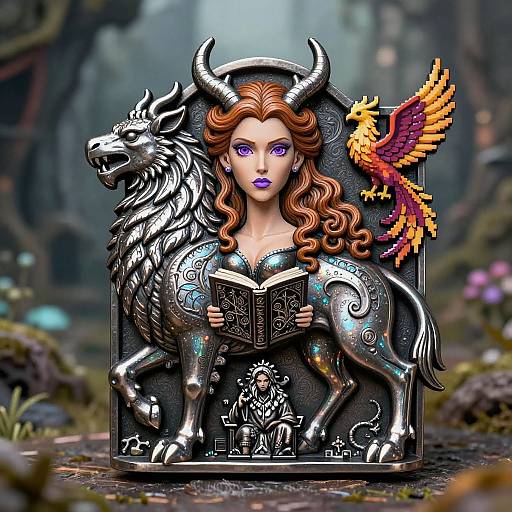 Digital artwork of a fair-skinned woman with purple eyes, long brown hair, and purple lipstick, reading a book while seated on a silver, horn