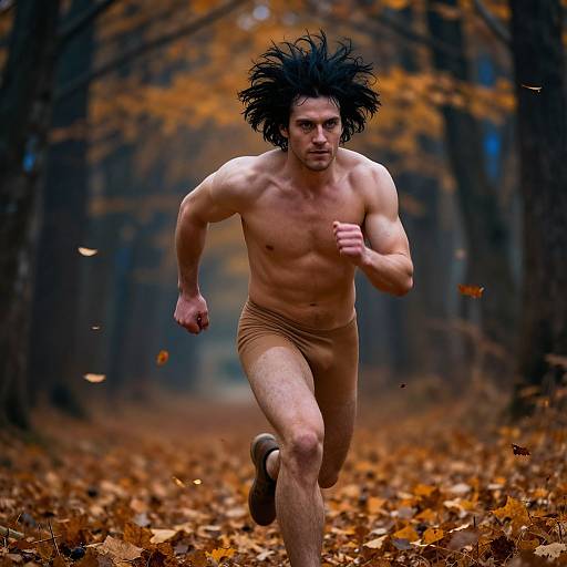 Photograph of a muscular, shirtless man with wild black hair running through an autumn forest, wearing only brown briefs, surrounded by fallen leaves.