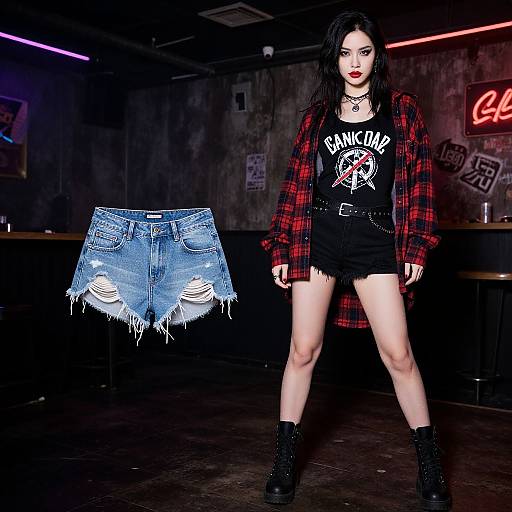 Goth-style woman in red plaid shirt, black tee, and frayed denim shorts, standing in dimly lit, grungy bar.