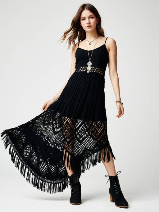 Woman in Black Crochet Bohemian Maxi Dress
