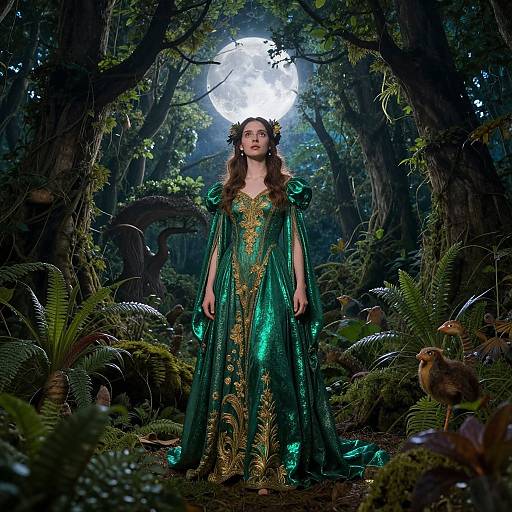 Photograph of a fair-skinned woman with long brown hair, wearing a shimmering green and gold fairy dress, standing in a mystical forest under a