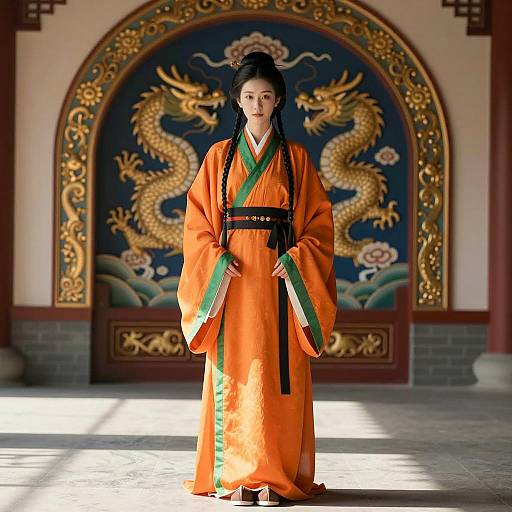 Asian Woman in Traditional Chinese Orange Robe