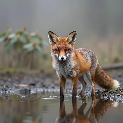 Misty Forest Scene with Reflective Fox