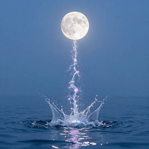 Photograph of a bright full moon above a splashing water drop in a calm, blue ocean at night.