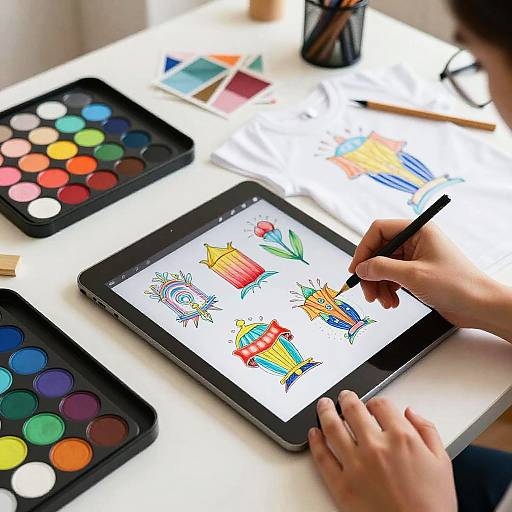 Photograph of a child's hands drawing colorful, playful digital pictures on a tablet, surrounded by paint palettes and paper on a white table.