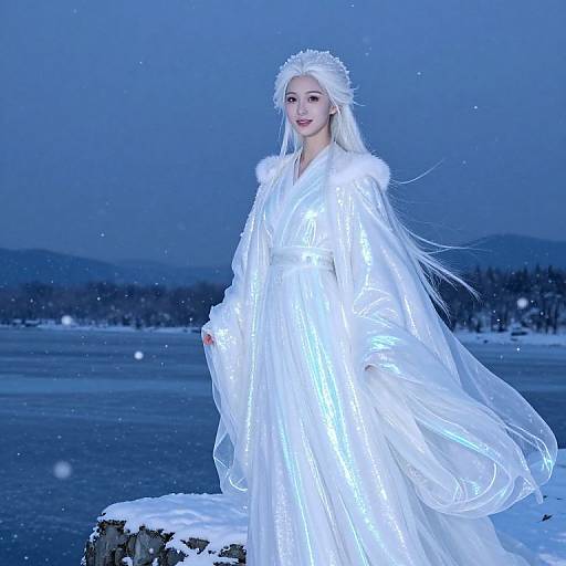 Photograph of a pale-skinned woman with long white hair wearing a glowing, translucent white gown and fur-trimmed cape, standing in a snowy