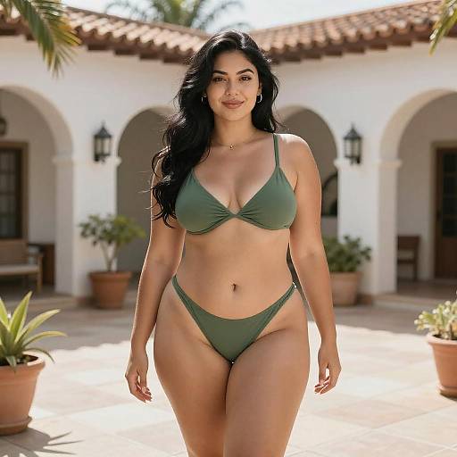 Curvy Woman in Green Bikini Courtyard