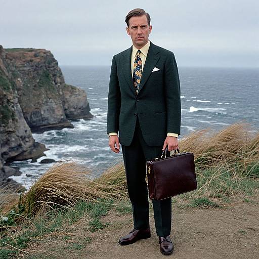 Photograph of a serious, handsome man in a black suit with a colorful tie, holding a brown leather briefcase, standing on a cliff overlooking the