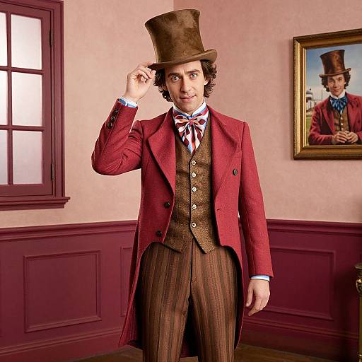Photograph of a man in Victorian attire, red coat, brown waistcoat, striped pants, and tall brown hat, standing in a room with pink