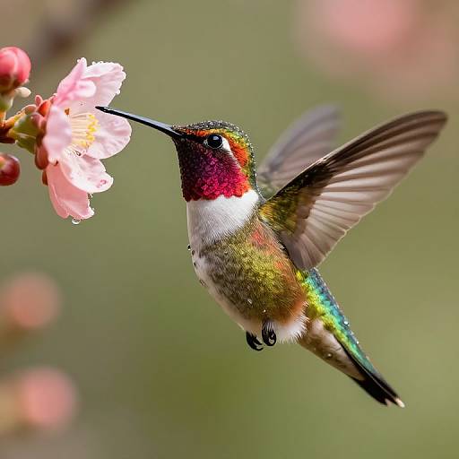 Photograph of a vibrant hummingbird with iridescent green, red, and white feathers hovering near a pink cherry blossom.
