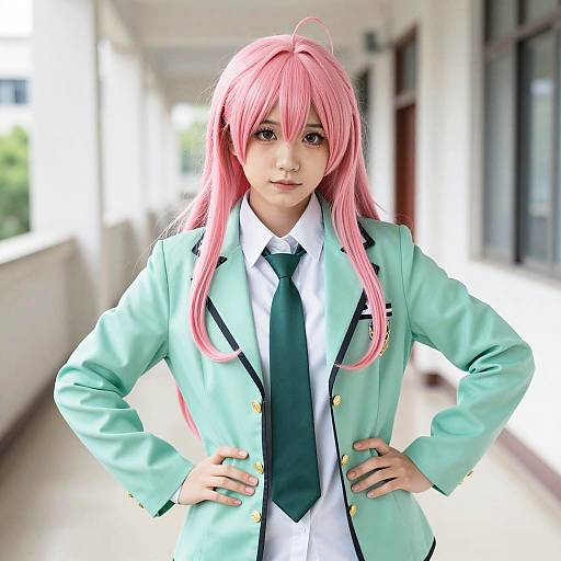 Confident Pink-Haired Schoolgirl Cosplay
