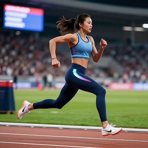 Photograph of a focused female track athlete with dark hair in a ponytail, wearing a blue sports bra and black leggings, sprinting on a track