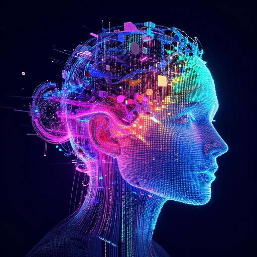 Digital illustration of a neon blue and pink glowing human head profile, with intricate, colorful circuitry and light patterns in the brain and hair against a black