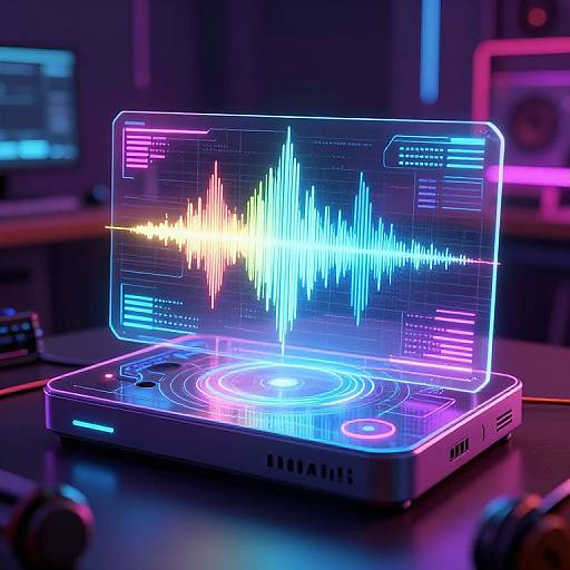 Photograph of a neon-lit, futuristic audio mixing console displaying vibrant, colorful ECG waveforms on a transparent screen, set against a dimly