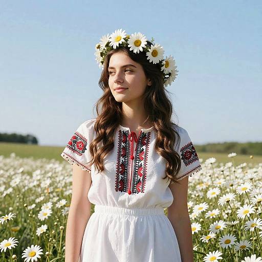 Photograph of a young woman with long brown hair, wearing a white embroidered dress and daisy crown, standing in a sunlit field of white d