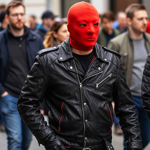 Red-Masked Man on Crowded Street