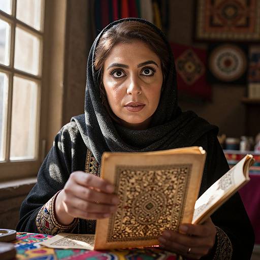 Photograph of a Middle Eastern woman with dark hair under a black hijab, holding an intricately patterned Quran, sitting in a sunlit room