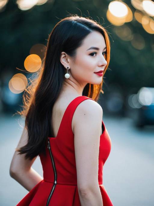 Chic Woman in Red Dress Outdoors