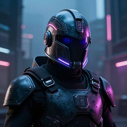 Cyberpunk-style CGI image of a futuristic armored soldier with glowing purple and blue accents, in a neon-lit urban background.
