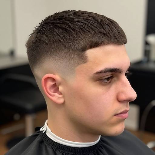 Photograph of a young man with short, dark brown, undercut hairstyle, fair skin, and black barber cape, profile view, indoors.