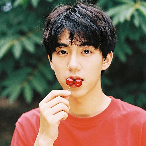 Photograph of an Asian male with short black hair, wearing a red shirt, holding a red cherry in his mouth, against a blurred green leafy