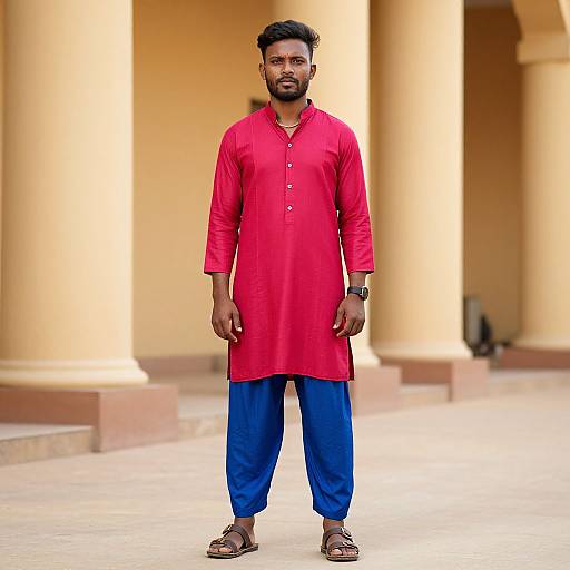 Man in Colorful Outfit by Columns