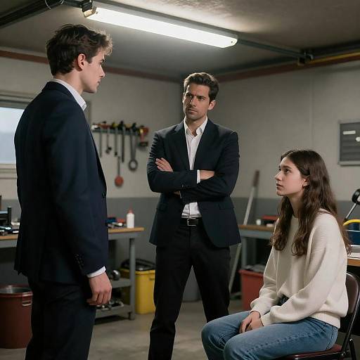 Stern Interrogation in Dimly Lit Garage