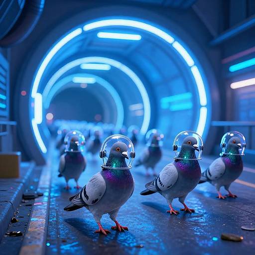 Photograph of six pigeons with transparent helmets standing in a futuristic, blue-lit underground tunnel with glowing circular lights.