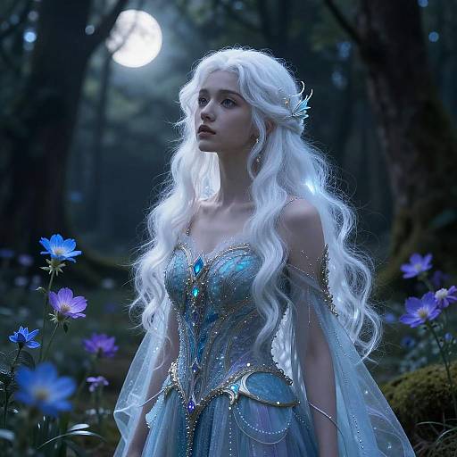 Digital fantasy artwork of a pale-skinned, white-haired fairy woman in a shimmering blue dress, standing in a moonlit forest with glowing flowers.