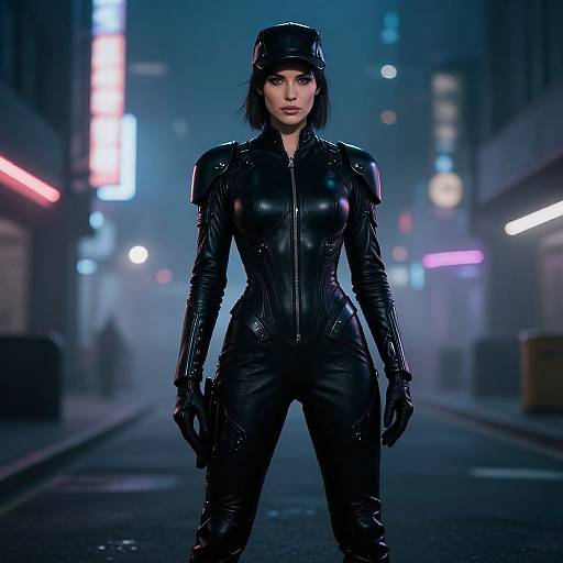 CGI image of a fierce woman in a black, glossy leather catsuit and cap, standing in a neon-lit, foggy urban street at