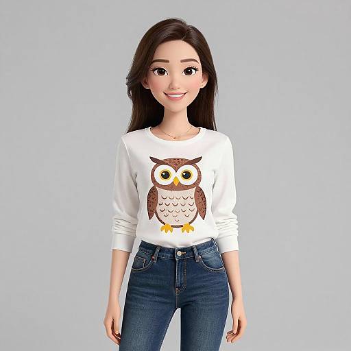 Young Asian woman with long black hair, wearing a white owl graphic sweater and blue jeans, smiling against a plain light blue background. Photorealistic 