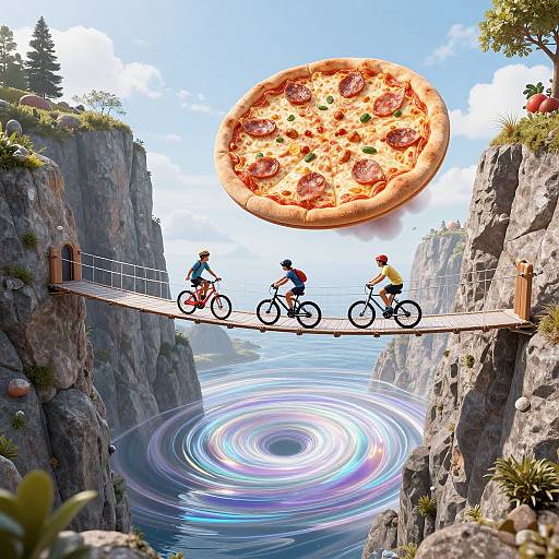 Digital art: Four cyclists cross a narrow wooden bridge between rocky cliffs, with a floating pizza above and a swirling water vortex below. Bright, surreal landscape