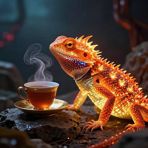 Photograph of a vibrant, orange-spiked iguana with glowing scales, sitting on dark rocks, beside a steaming cup of tea.