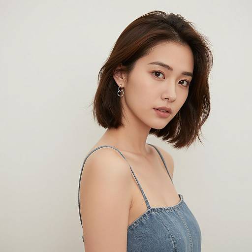 Photograph of an Asian woman with short black hair, wearing a blue denim sleeveless top, small hoop earrings, and a neutral expression against a plain