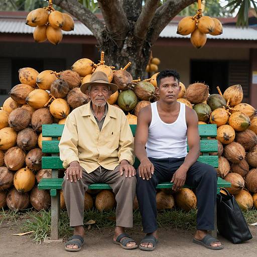 Two Men Sitting on Bench with Coconuts
