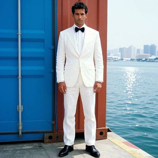 Photograph of a dark-haired man in a white tuxedo with black bow tie, standing by a blue and red waterfront. City skyline and water
