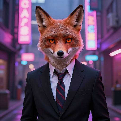 Photograph-style CGI of a humanoid fox in a black suit and red-striped tie, standing in a neon-lit urban alley at night.