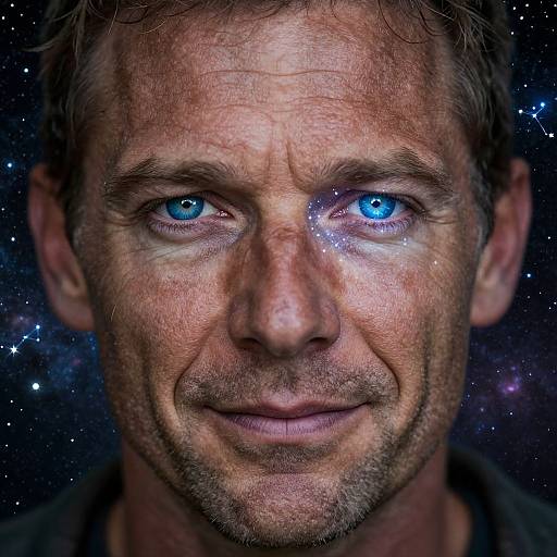 Close-up photograph of a middle-aged man with blue glowing eyes, rugged facial features, short brown hair, and a subtle smile, set against a star