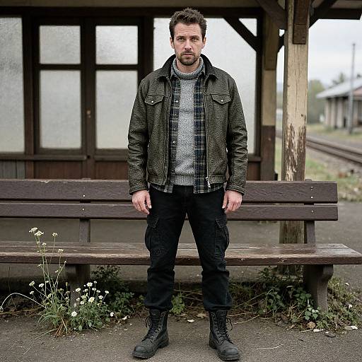 Photograph of a serious, bearded man in a black leather jacket, gray sweater, and black pants, standing in front of a wooden bench at