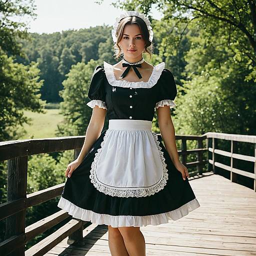Young Woman in French Maid Outfit on Wooden Bridge
