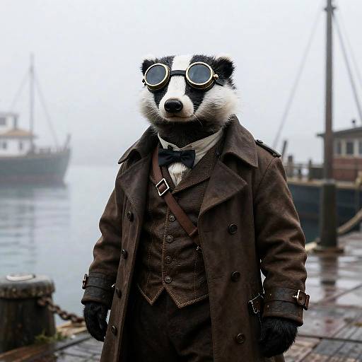 Steampunk Badger in Foggy Victorian Harbor