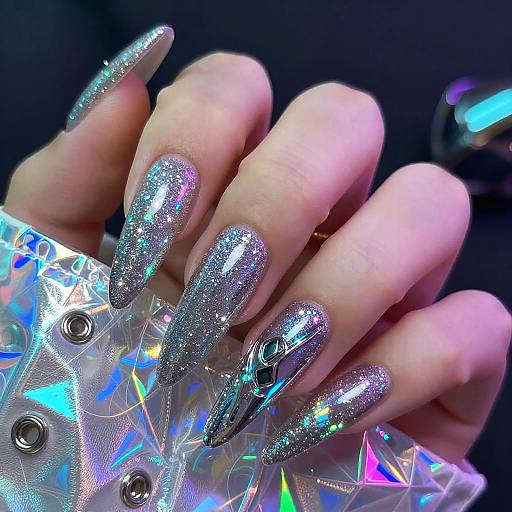 Cyberpunk Silver Glitter Stiletto Nails