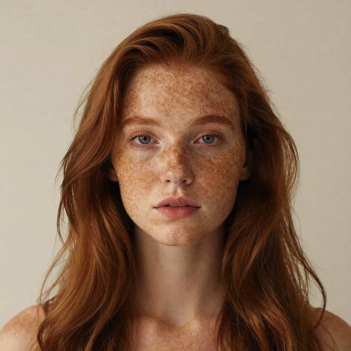 Photograph of a fair-skinned woman with long, wavy auburn hair, blue eyes, and numerous freckles, staring directly at