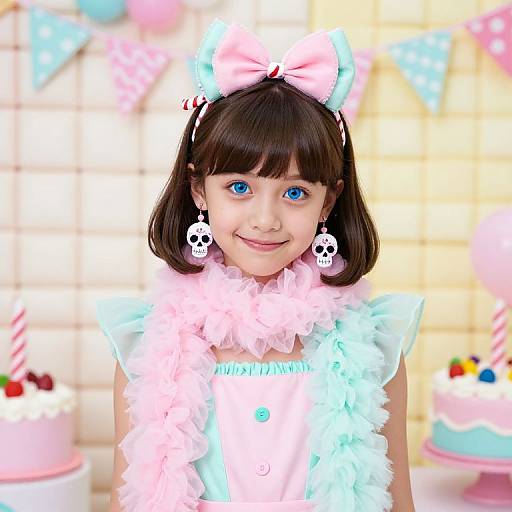 Photograph of a young girl with blue eyes, wearing a pink and blue fluffy dress, skull earrings, and a bow headband, smiling in a