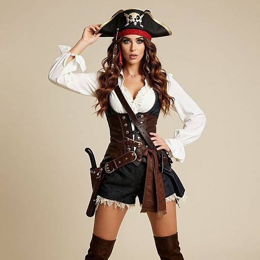 Photograph of a confident woman in a pirate costume: black tricorn hat with white skull, white ruffled shirt, brown corset, black shorts